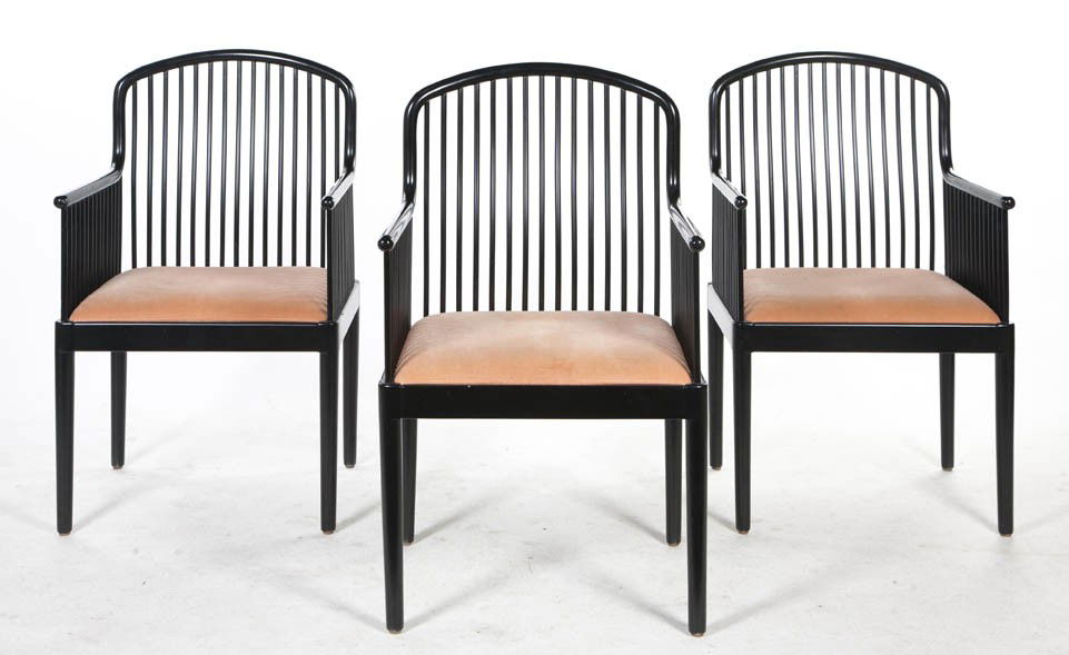 A Set of Three Andover Lacquered Chairs, Davis Al: A Set of Three Andover Lacquered Chairs, Davis Allen for Stendig, having a curved crest rail over the spindled back and sides above the upholstered seat, raised on round legs. Height 36 1/2 inches.