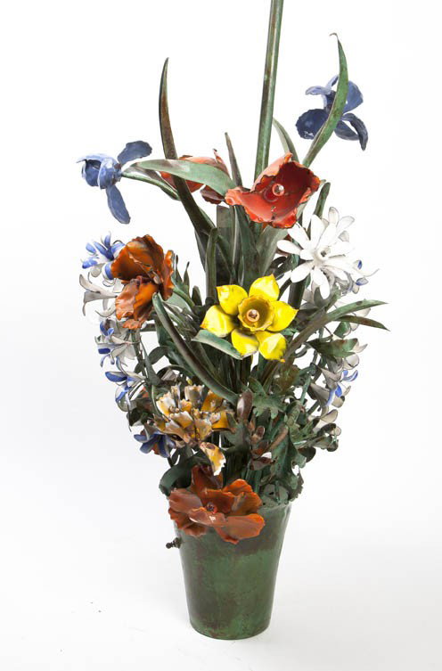 An Italian Painted Tole Hanging Fixture, Height 3: An Italian Painted Tole Hanging Fixture, in the form of a basket issuing daffodils, irises, daisies, tulips and other flowers. Height 38 inches.