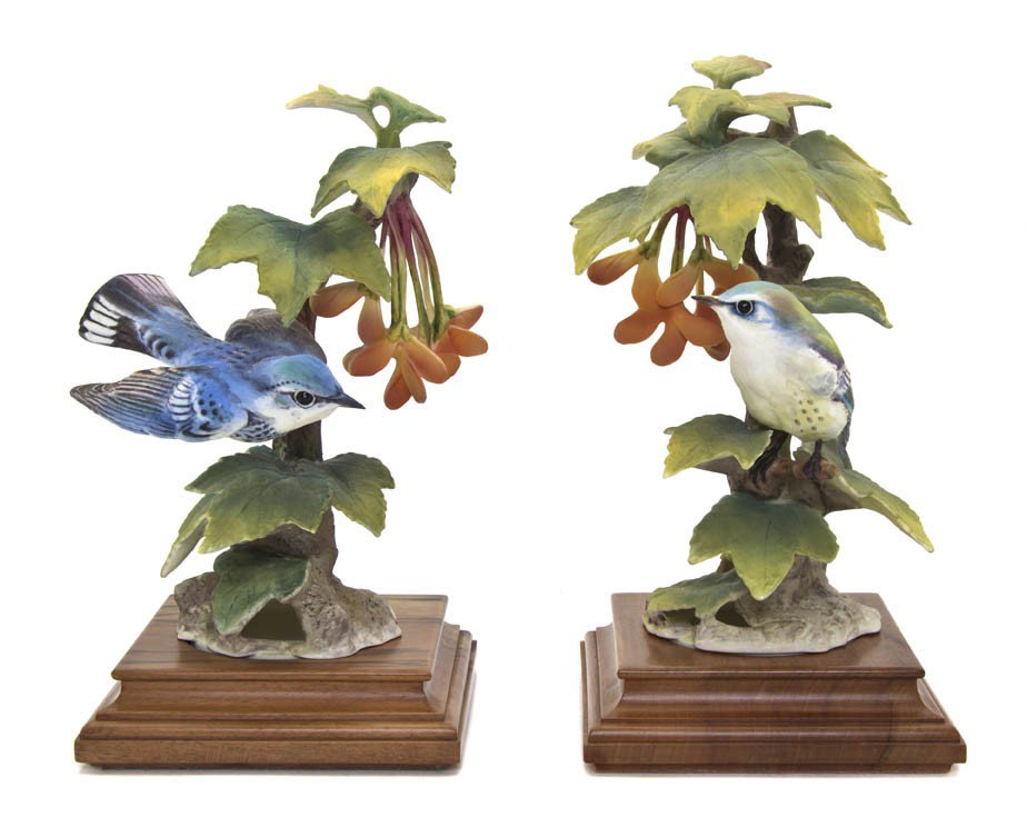 A Pair of Royal Worcester Dorothy Doughty Birds, : A Pair of Royal Worcester Dorothy Doughty Birds, Cerulean Warblers, each seated on a maple branch. Height of taller 8 3/4 inches.