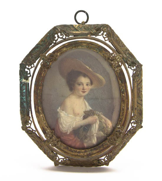 A Continental Portrait Miniature on Ivory, Height: A Continental Portrait Miniature on Ivory, depicting a youthful child holding grape clusters, signed Miller, set in a gilt metal frame. Height 3 1/4 inches. Property from the Collection of Ernie Diebo
