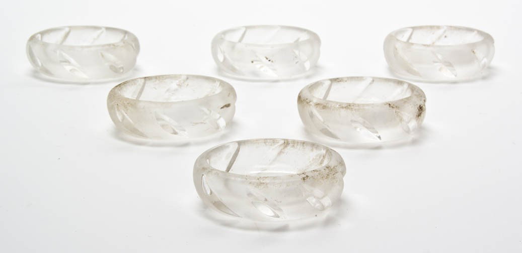 Six Lalique Molded and Frosted Glass Salt Cellars: Six Lalique Molded and Frosted Glass Salt Cellars, each of oval form with repeating cut accents, etched Lalique France. Width 3 inches. Property from the Collection of Ernie Diebold, Rockford, Illinoi