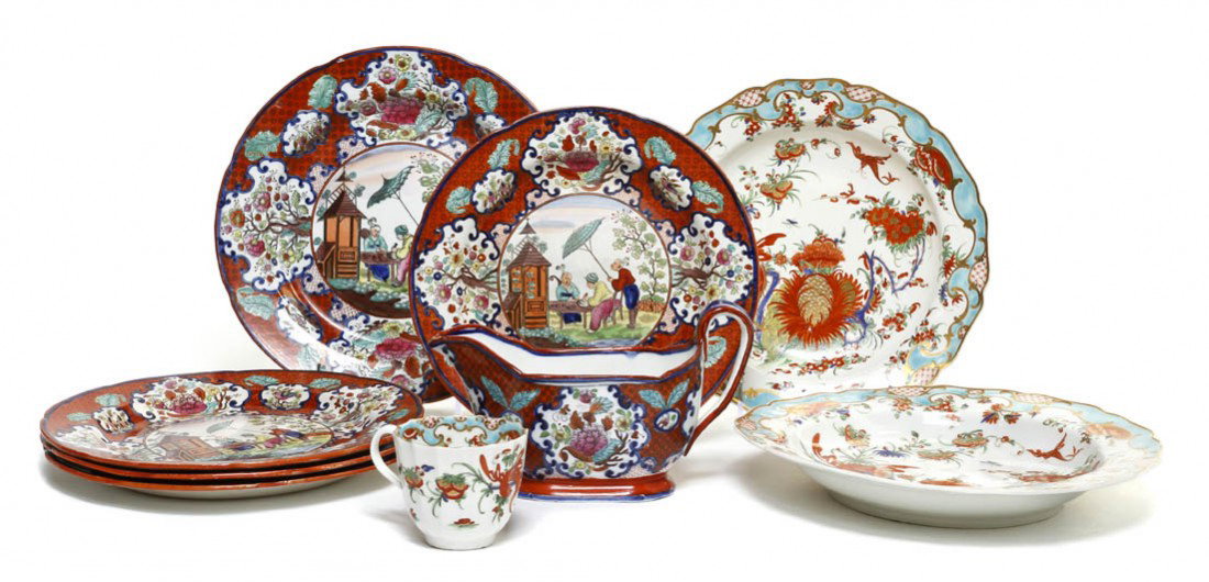A Collection of English Pottery Articles, Width o: A Collection of English Pottery Articles, comprising five plates, two bowls, a sauce boat and teacup. Width of widest 9 1/8 inches. Property from the Estate of Marjorie I. Mitchell, Chicago, Illinois