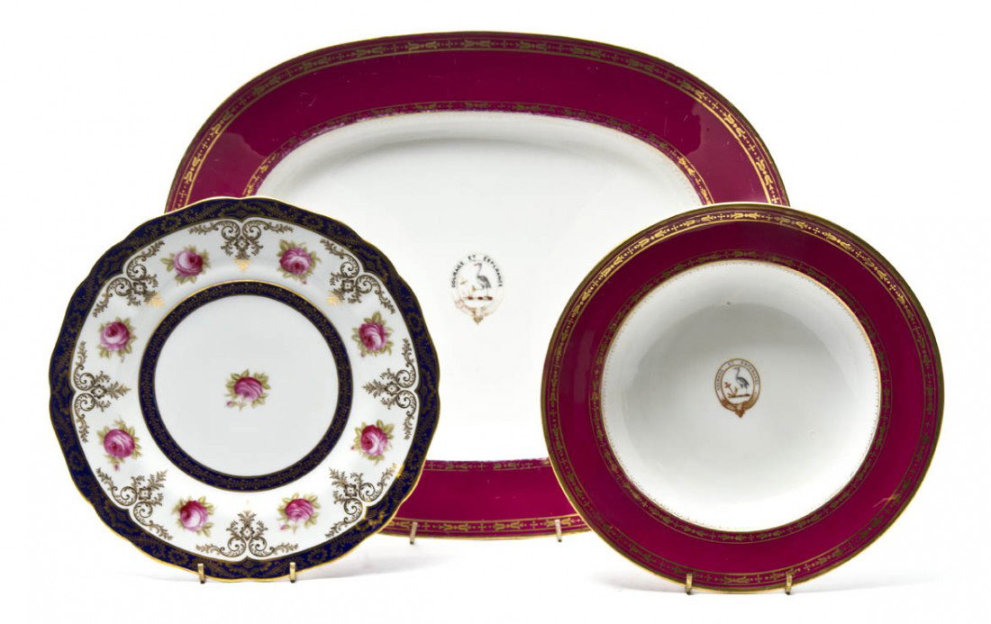 A Set of Eight Minton Soup Bowls, Diameter of fir: A Set of Eight Minton Soup Bowls, centered with the motto Courage et Esperance, decorated with a red and gilt border, together with a matching tray and ten Cauldon dinner plates. Diameter of first 9 7