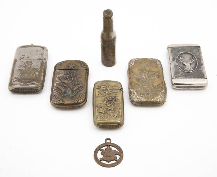 Five Anheuser-Busch Breweriana Articles, Length o: Five Anheuser-Busch Breweriana Articles, comprising three different match safes, a bottle opening to a screwdriver and a pierced fob, together with a Senate Saloon match safe from Streator, Illinois a