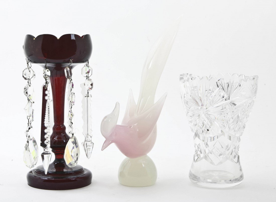 An Amethyst Glass Girandole, Height 11 inches.: An Amethyst Glass Girandole, having hanging prisms, together with a cut glass vase and an Italian glass bird. Height 11 inches.
