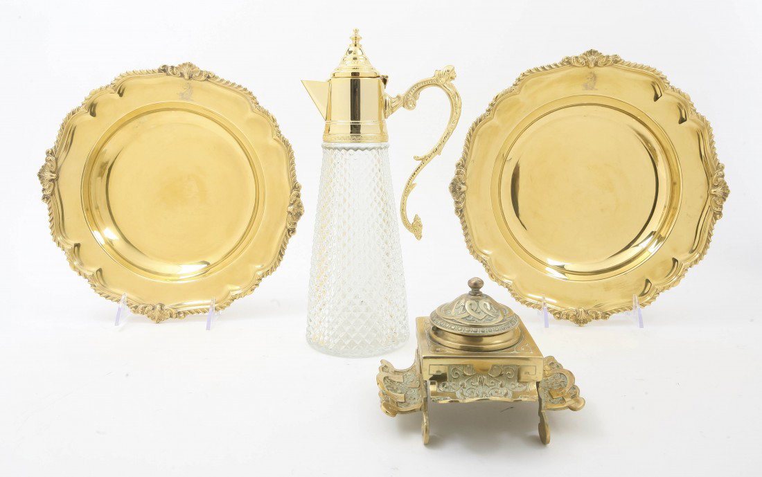 A Set of Eight Gilt Wash Chargers, Diameter of fi: A Set of Eight Gilt Wash Chargers, each having a scalloped gadrooned border, together with a gilt wash pitcher and a gilt metal ink stand. Diameter of first 11 1/4 inches.