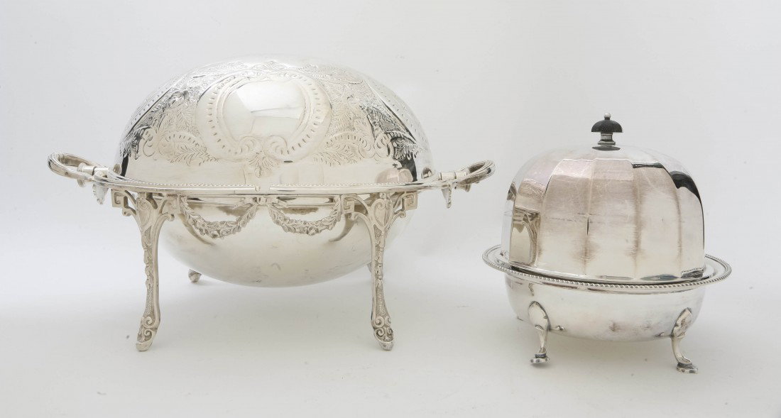 Two English Silverplate Serving Articles, Width o: Two English Silverplate Serving Articles, comprising a covered butter dish with domed, faceted cover and warmer, raised on four hoof feet, together with a bacon warmer with pierced insert, the ivory k