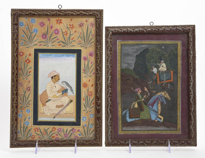 A Group of Four Mughal Miniature Paintings, Heigh: A Group of Four Mughal Miniature Paintings, each depicting figural compositions, having gilt highlights, two set in carved wood frames. Height 7 x width of widest 14 1/4 inches.