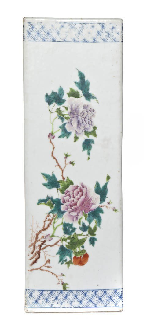 A Famille Rose Square Vase, Height 15 3/4 inches.: A Famille Rose Square Vase, having four panels enameled with floral and ripe peach decoration with overglazed blue borders at the top and bottom of a repetitive diaper pattern. Height 15 3/4 inches.