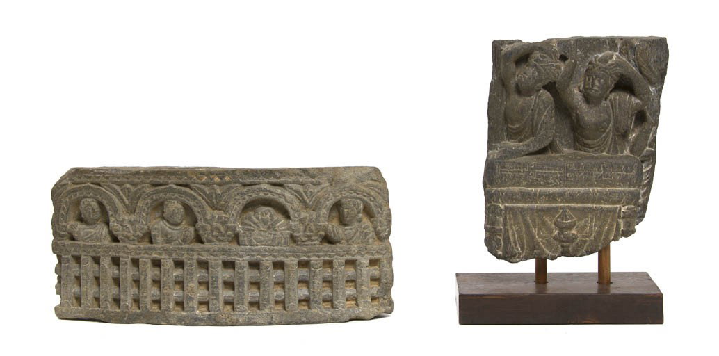 A Group of Two Southeast Asian Stone Fragments, H: A Group of Two Southeast Asian Stone Fragments, the two friezes of carved grey schist, one of horizontal form with lattice work panel at base, the other of figural design. Height of larger 7 1/4 inche