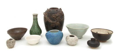 A Collection of Ten Southeast Asian Ceramic Artic: A Collection of Ten Southeast Asian Ceramic Articles, comprised of a celadon glazed bowl, a hare's fur bowl, diminutive coups a robin's egg glazed jar, a green glazed baluster vase and a brown glazed 