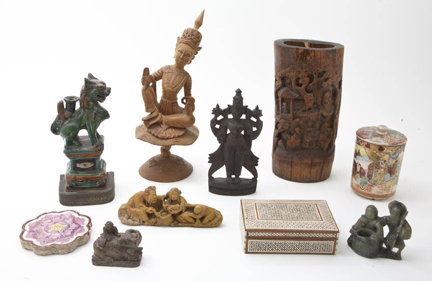 A Collection of Asian Decorative Articles, Height: A Collection of Asian Decorative Articles, comprising a Chinese carved bamboo brush pot, two stone figural groups, a carved stone seal, two Southeast Asian carved wood figures, a Chinese carved wood t