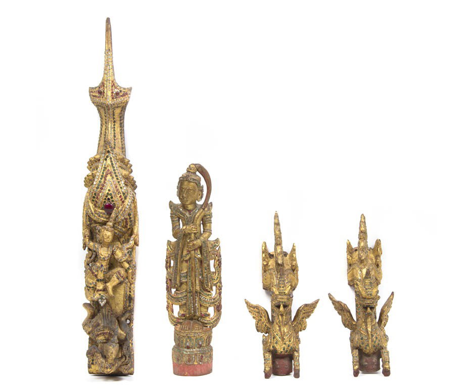 A Group of Four Glass Inset Burmese Wood Elements: A Group of Four Glass Inset Burmese Wood Elements, comprising one standing figure, two winged beasts and one architectural bracket containing two figures. Height of tallest 28 1/4 inches. Property fro