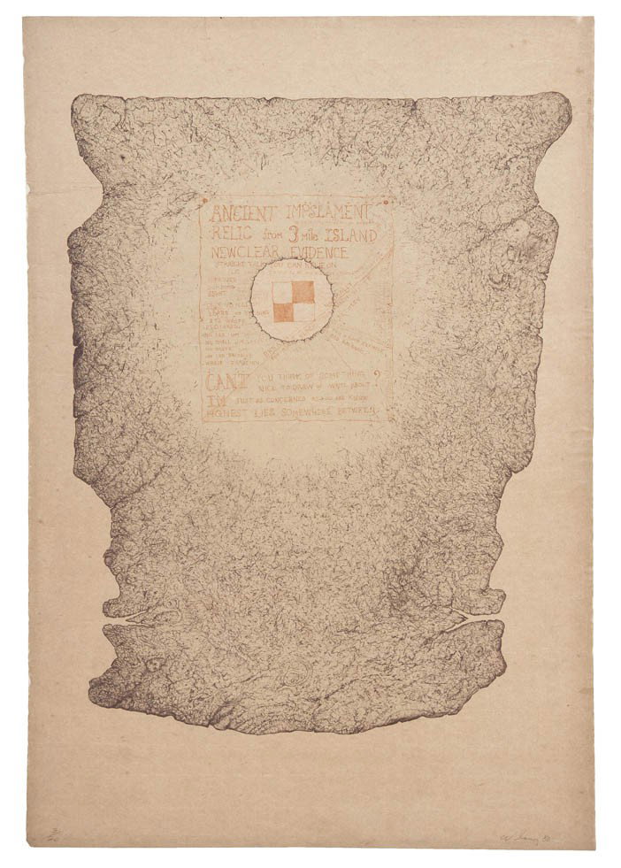 William T. Wiley, (American, b. 1937), Three Mile: William T. Wiley (American, b. 1937) Three Mile Island, 1980 lithograph edition 3/20, signed Wiley and dated (lower right) 29 x 21 1/2 inches.