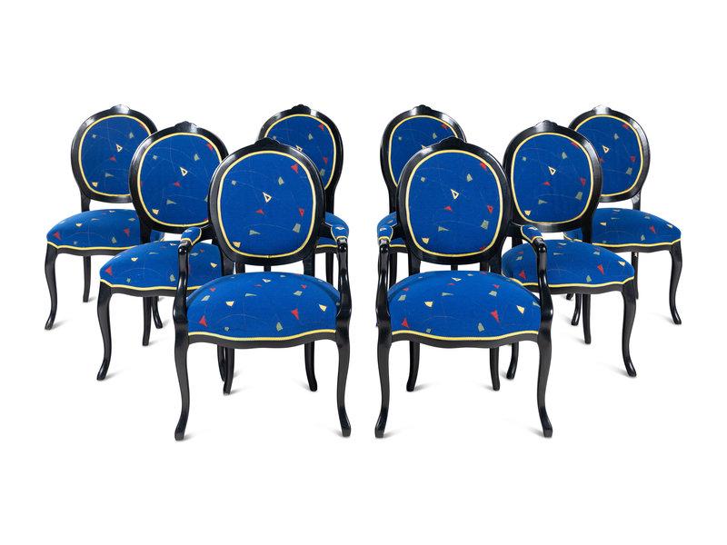 A Set of Eight Louis XV Style Ebonized Dining Chairs: A Set of Eight Louis XV Style Ebonized Dining Chairs 20th Century comprising six side chairs and two armchairs. Height of armchairs 39 x width 23 1/2 x depth 20 inches. This lot is located i