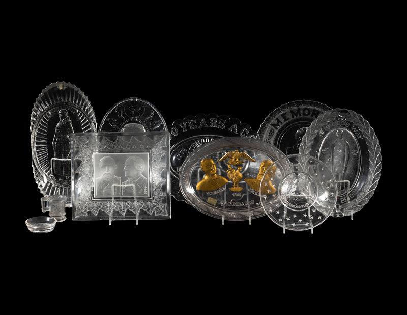 A Collection of United States Political and Public Figure-Related Glass Articles: A Collection of United States Political and Public Figure-Related Glass Articles Second Half 19th Century comprising a James Garfield plate, Nellie Bly platter, Bryan and Kern Democratic Ticket platte
