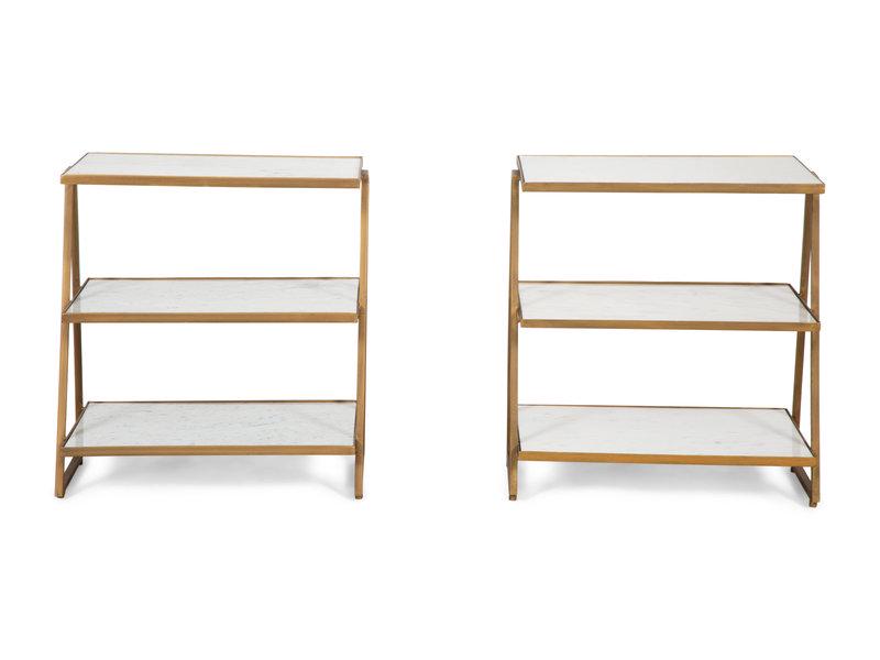 A Pair of Three Tier Marble and Brass Side Tables by Wisteria: A Pair of Three Tier Marble and Brass Side Tables by Wisteria 21st Century Height 27 x width 23 3/4 x depth 18 inches. This lot is located in Palm Beach.