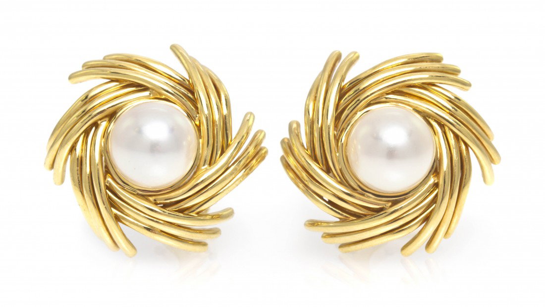 A Pair of 18 Karat Yellow Gold and Cultured Pearl : A Pair of 18 Karat Yellow Gold and Cultured Pearl Earclips, Jean Schlumberger for Tiffany & Co., consisting of two cultured pearls measuring approximately 9.00 mm in diameter within a gold basketweave