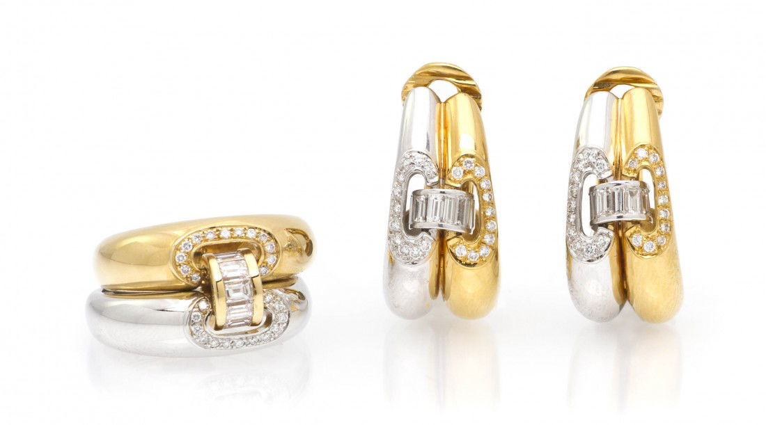 An 18 Karat Gold and Diamond Demi Parure, Mouawad,: An 18 Karat Gold and Diamond Demi Parure, Mouawad, consisting of a double band ring composed of one white and one yellow gold ring containing 26 round brilliant cut diamonds weighing approximately 0.1