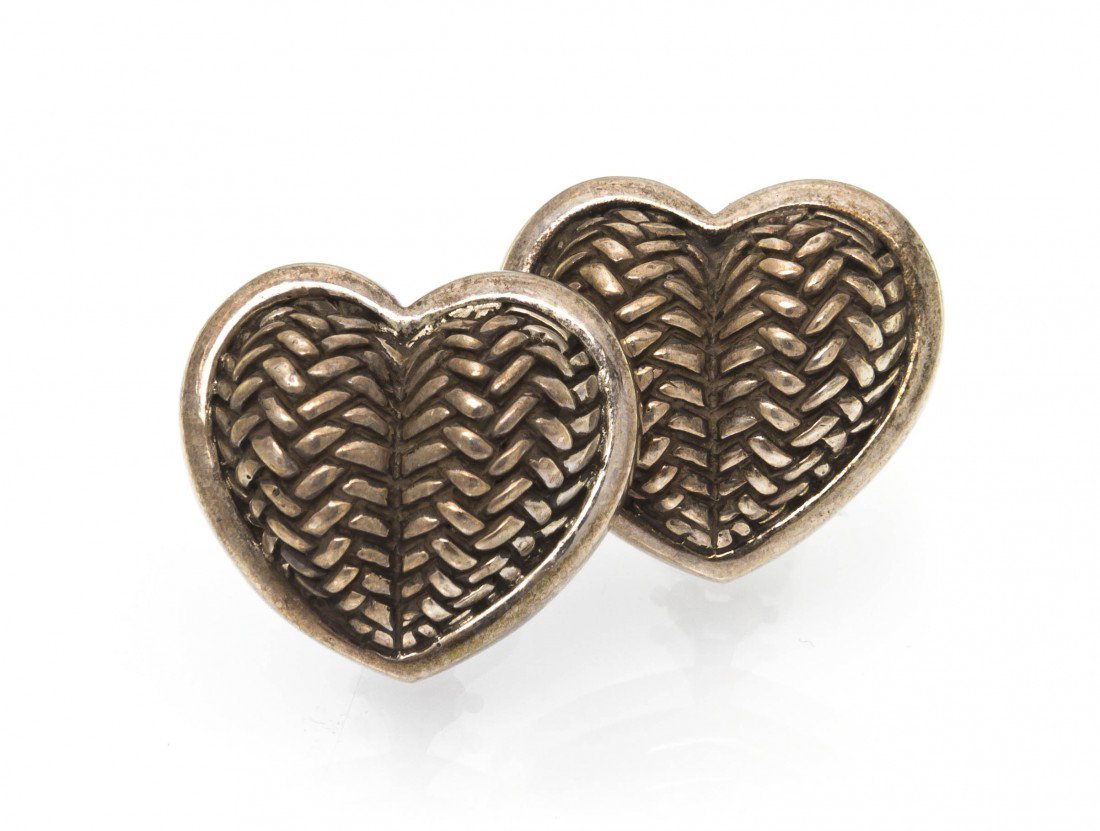 A Pair of Sterling Silver Basketweave Earclips, Ki: A Pair of Sterling Silver Basketweave Earclips, Kieselstein-Cord, in a heart shape, hinged backs. Stamp: H KIESELSTEIN-CORD 1999 925. 13.80 dwts. Property from the Collection of Stan Krandall, Former 
