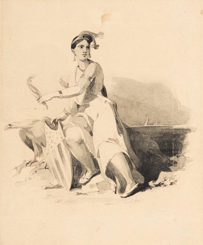 Thomas Sully (American, 1783–1872) Allegorical Figure of America, 1830: Thomas Sully (American, 1783–1872) Allegorical Figure of America, 1830 ink and wash on paper initialed TS and dated (lower left) 8 1/2 x 6 3/4 inches. This lot is located in