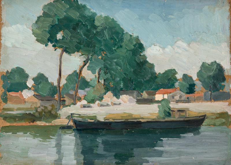 Gustave Cimiotti (American, 1875–1969) French River Boat: Gustave Cimiotti (American, 1875–1969) French River Boat oil on board 7 1/2 x 10 5/8 inches. This lot is located in Chicago. Property from a Private Collection Size