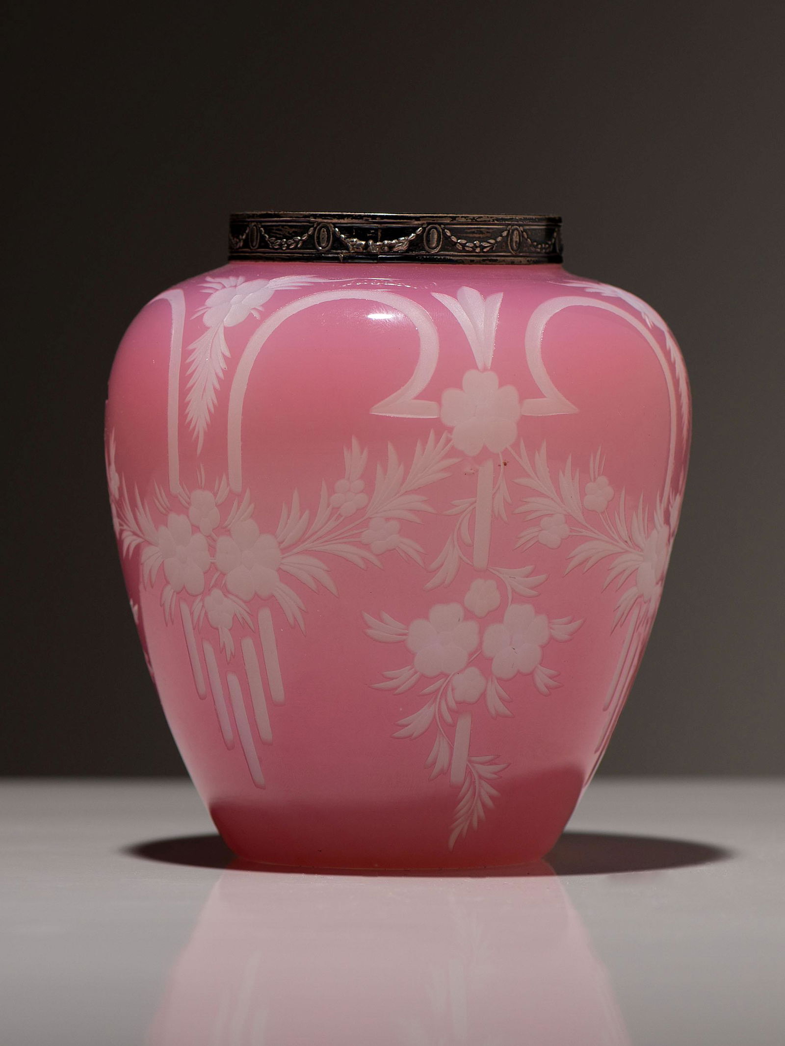 Steuben American, Early 20th Century Rosaline Jar: Steuben American, Early 20th Century Rosaline Jar glass, silver silver marked Sterling / Hawkes / 3023 H 4 1/4 inches. This lot is located in Cincinnati. Property from the Estate of Madelyn Marley, Ya