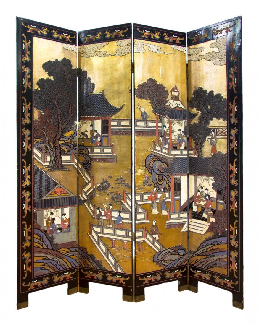 A Chinese Four Panel Coromandel Floor Screen, Heig: A Chinese Four Panel Coromandel Floor Screen, the front decorated with figures in a courtyard, the verso with birds on flowering branches. Height 72 x width 15 3/4 inches (each panel). Property from t