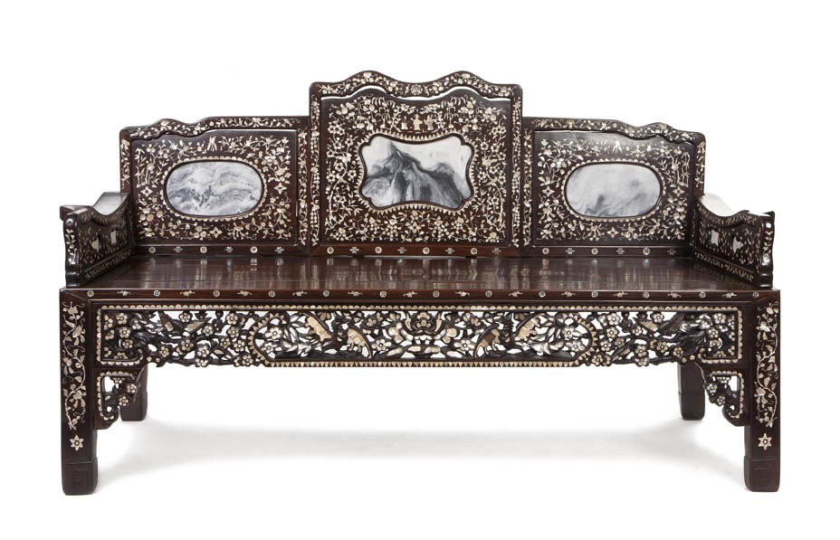 A Chinese Hardwood, Mother-of-Pearl Inlaid and Mar: A Chinese Hardwood, Mother-of-Pearl Inlaid and Marble Inset Settee, having inlay throughout depicting birds flying amongst willows and flowering plants, the back having three marble inset panels with 