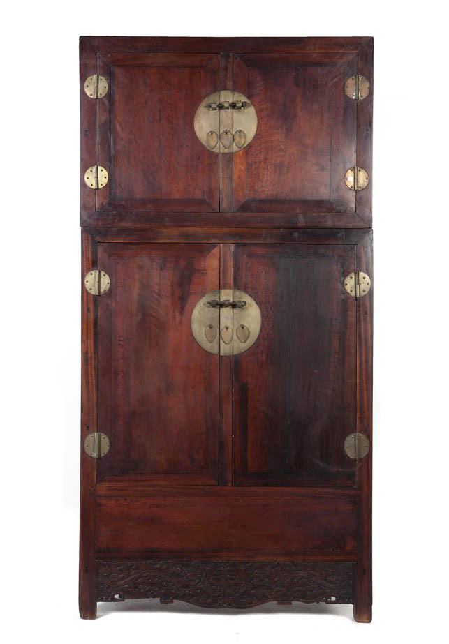 A Chinese Huanghuali Compound Cabinet, Height over: A Chinese Huanghuali Compound Cabinet, of rectangular form, having a top section with two square doors above the rectangular base, having circular brass escutcheons on the doors as well as hinges, rai