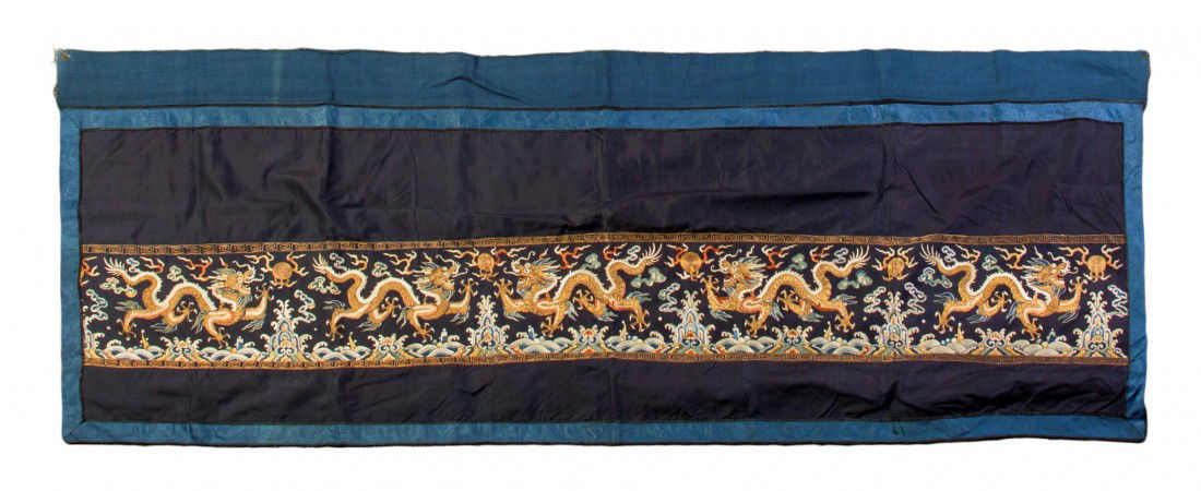 An Embroidered Cloth Altar Table Panel, Length 74: An Embroidered Cloth Altar Table Panel, having gilt thread dragon decoration on a deep blue ground. Length 74 3/4 x width 26 inches.