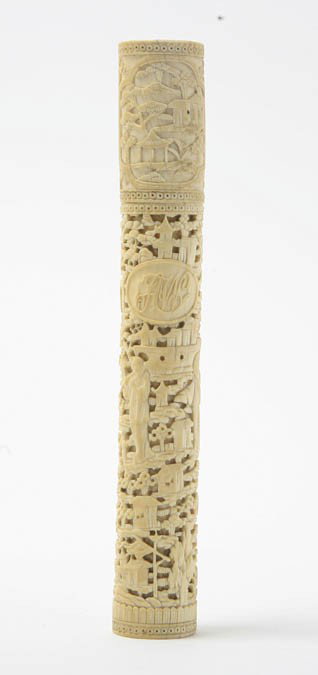 A Chinese Export Pierce Carved Ivory Pen Holder, H: A Chinese Export Pierce Carved Ivory Pen Holder, densely decorated with landscapes and figures, having oval monogram on one side. Height 6 inches. Property from a Private West Michigan Collector