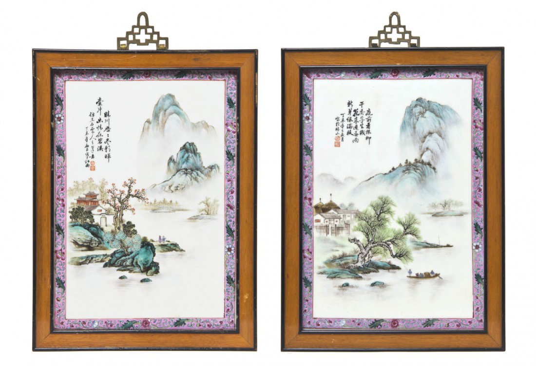 A Pair of Chinese Porcelain Plaques, Height 12 x w: A Pair of Chinese Porcelain Plaques, depicting mountainous landscapes with cloud covered peaks with calligraphic inscriptions at upper left and red seal marks. Height 12 x width 8 3/8 inches.