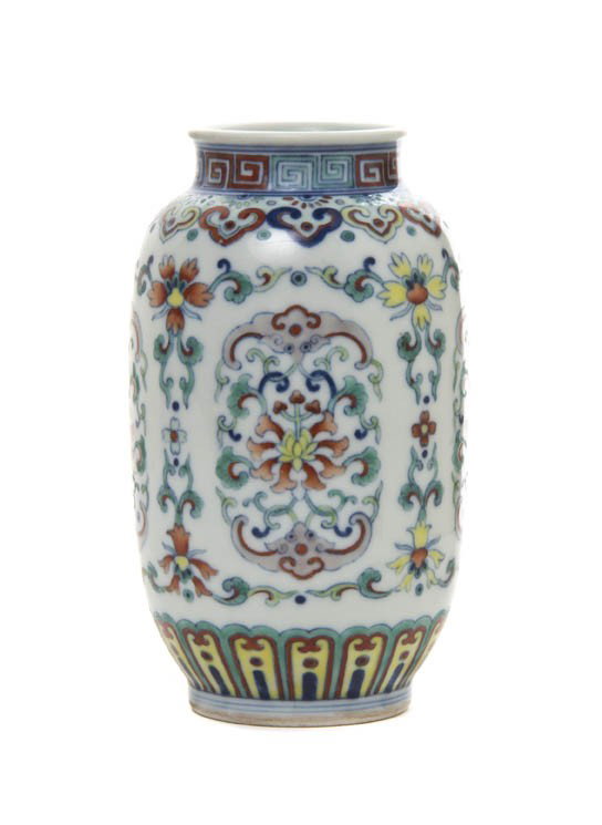 A Chinese Porcelain Vase, Height 4 3/4 inches.: A Chinese Porcelain Vase, having enamel and underglaze decoration throughout, depicting four medallions with bats, having underglaze blue Qianlong seal mark on the underside. Height 4 3/4 inches.