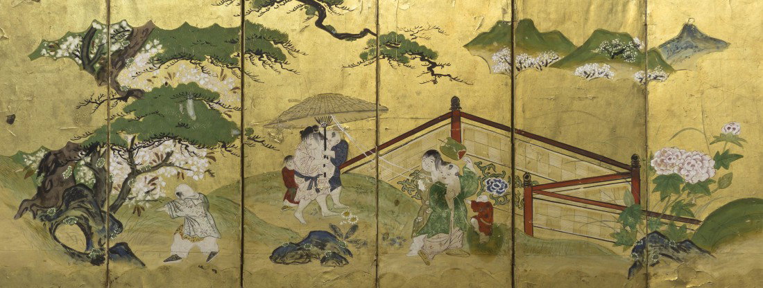 A Japanese Six-Panel Painted Paper Table Screen, H: A Japanese Six-Panel Painted Paper Table Screen, Edo period, 19th century, depicting figures in a walled garden with one holding an umbrella and another a fan, interspersed with flowering peony bushes