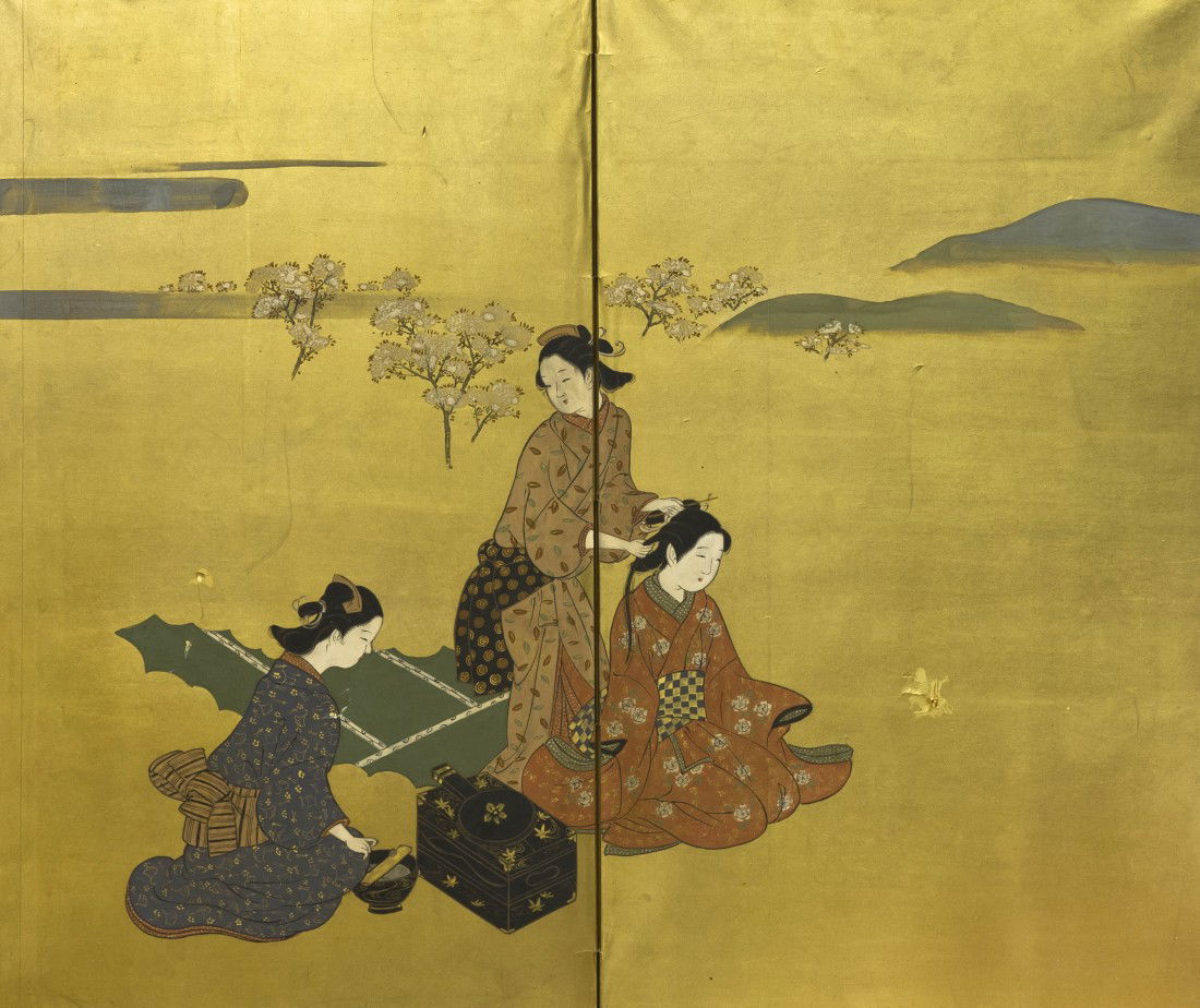 A Japanese Two-Panel Painted Paper Screen, Height: A Japanese Two-Panel Painted Paper Screen, late Edo/ early Meiji period, depicting three women dressing seated next to a lacquered mirror case with mountains and flowering trees in the background with