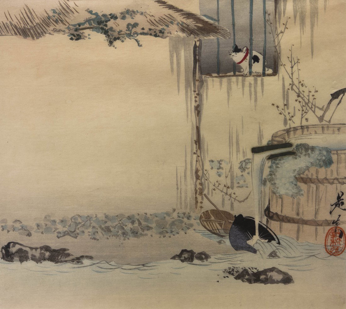 A Japanese Surimono, Zeshin, Height of image 8 3/4: A Japanese Surimono, Zeshin, on paper depicting a rural scene of a cat seated in a window above a water barrel and a creek, having a two-character mark and red seal mark at the right side, framed. Hei