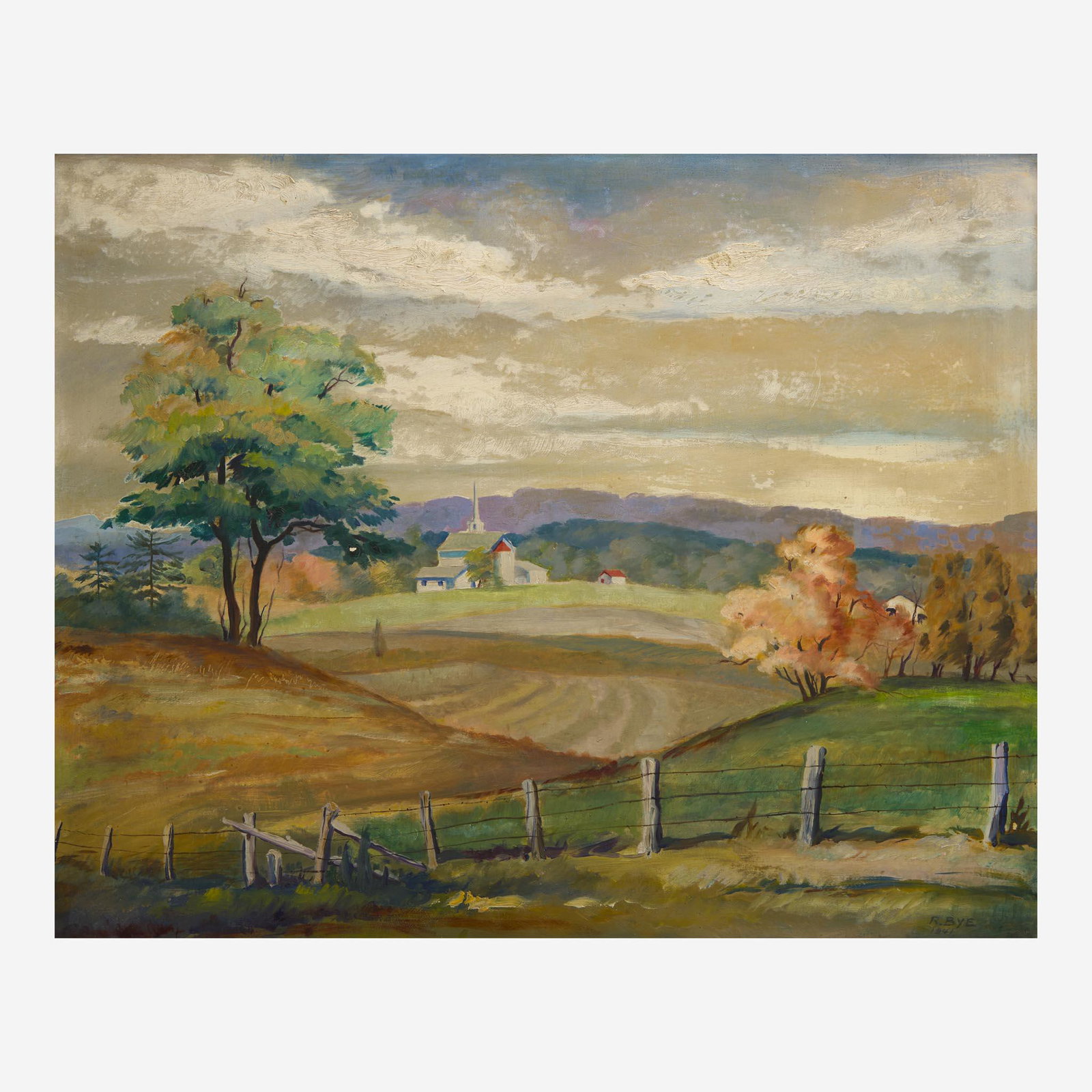 Ranulph Bye (American, 1916 - 2003) Landscape with Steeple: Signed and dated ‘R Bye/1941’ lower right, oil on board24 x 30 in. (61x76.2cm) Provenance Estate of Sydney F. Martin, Doylestown, Pennsylvania and Amelia Island, Florida.