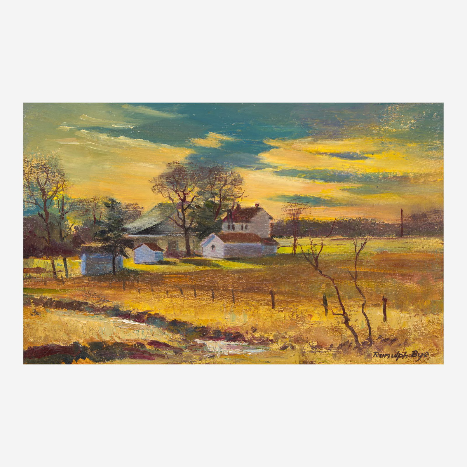 Ranulph Bye (American, 1916 - 2003) February Sunset: Signed 'Ranulph Bye' lower right, oil on canvas 9 x 14 in. (22.9x35.6cm) Provenance The Coryell Gallery, Lambertville, New Jersey.Estate of Sydney F. Martin, Doylestown, Pennsylvania and Amelia