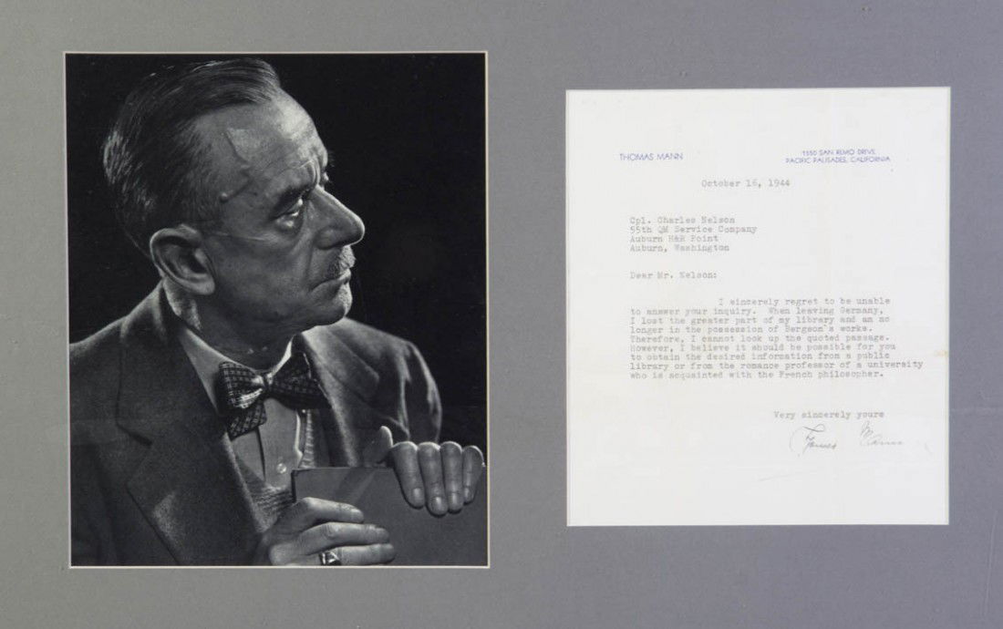 MANN, THOMAS. Typed letter signed, one page, Oct. 16: MANN, THOMAS Typed letter signed ("Thomas Mann"), one page, on personal letterhead, October 16, 1944. To Charles Nelson. Mann informs Nelson that he is unable to provide him with the requested quotati