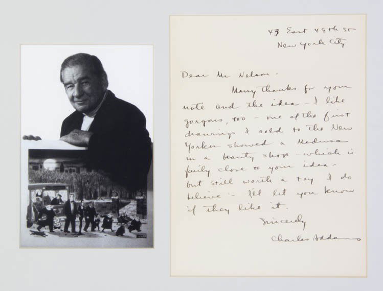 ADDAMS, CHARLES. Autograph letter signed, one page,: ADDAMS, CHARLES Autograph letter signed ("Charles Addams"), one page, undated, New York City, thanking Charles Nelson for his note and illustration ideas. Charles Addams was a frequent contributor to