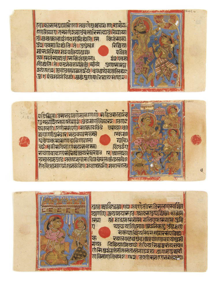 (MANUSCRIPT, BUDDHIST) A group of 6 leaves from a : (MANUSCRIPT, BUDDHIST) A group of six leaves from a Thai manuscript, Buddhist, text in black and red, with seven richly illuminated miniatures in blue, red, gilt, and white. Together with two other pa