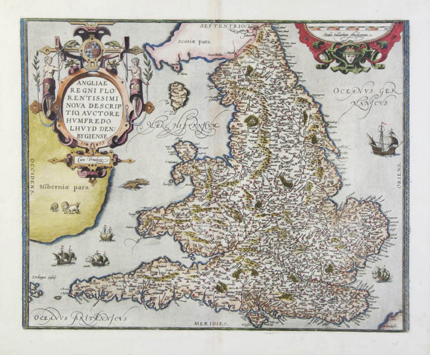 (MAP) ORTELIUS, ABRAHAM. Anglia Regni Florentissim: (MAP) ORTELIUS, ABRAHAM Anglia Regni Florentissimi Nova Descriptio. [Antwerp: Plantin, 1570 or later]. Engraved map with hand-coloring. Framed and matted. Vertical crease to the center. 17 x 20 1/2 in