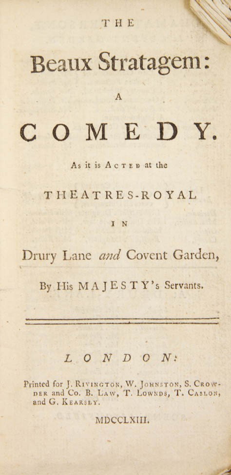 (DRAMA) A collection of six eighteenth-century pla: (DRAMA) A collection of six eighteenth-century plays bound together in original paper wraps. Including, The Beaux Stratagem: A Comedy. London: Printed for J. Rivington et al., 1763. The Provok'd Husba