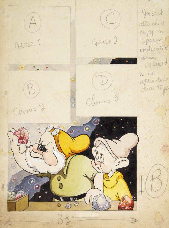 (WALT DISNEY) SNOW WHITE. Doc and Dopey inspecting: (WALT DISNEY) SNOW WHITE Doc and Dopey inspecting rubies, 1937. Original production drawing and lay-out, pencil and gouache on board. Four sections above the characters, delineated in pencil, designat