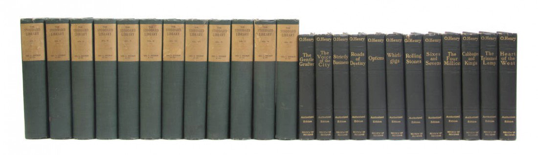 (BINDINGS) Two sets of works in 24 vols., bound in: (BINDINGS) A group of two sets bound in green cloth, comprising The Stoddard Library. By John L. Stoddard. Chicago and Boston: Geo. L. Shuman, 1911. 12 vols. Works. By O. Henry. S.l.: Doubleday, Pay, 