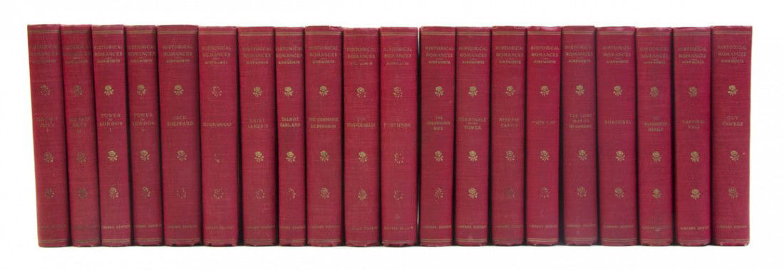 (BINDINGS, HISTORY) AINSWORTH, WILLIAM HARRISON: (BINDINGS, HISTORY) AINSWORTH, WILLIAM HARRISON Historical Romances. Philadelphia: George Barrie & Sons, n.d. 20 vols. 8vo, red cloth lettered in gilt, frontispieces, t.e.g. Rubbing to cloth; ends bum
