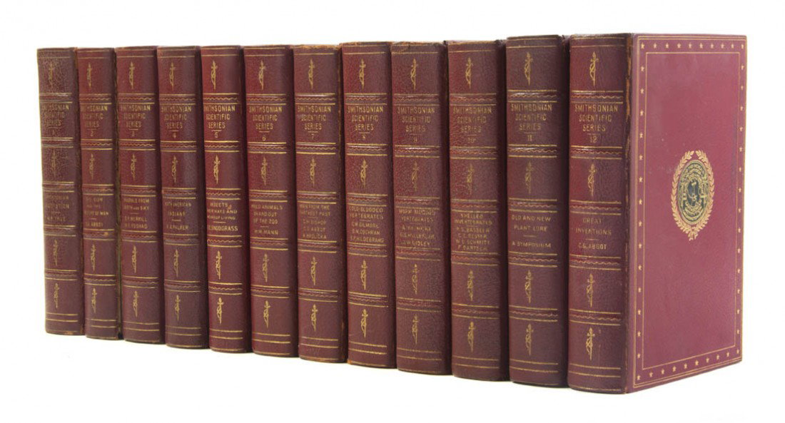 (BINDINGS, SCIENCE) ABBOTT, CHARLES GREELEY: (BINDINGS, SCIENCE) ABBOTT, CHARLES GREELEY The Smithsonian Scientific Series. Washington: Smithsonian Institution Series, 1930. 12 vols. 8vo, full red morocco, green morocco medallion onlay to center