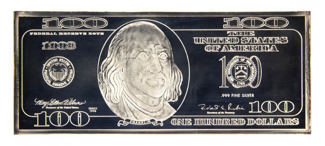 A 1998 Washington Mint Proof Silver Bar,: A 1998 Washington Mint Proof Silver Bar, in the form of a U.S. $100 note, .999 fine silver, set in a velvet case; approximate weight 4.01 ozt. Property from the Estate of Charles P. Wood, Chicago, Ill