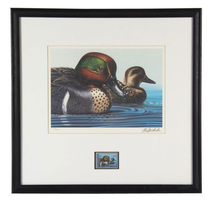 Six Federal Duck Stamp and Print Sets, Height of l: Six Federal Duck Stamp and Print Sets, each matted and framed, comprising 1974 signed David A. Mass, 1975 stamp signed James P. Fisher, 1976 signed Alderson Magee edition 876/1000, 1977 signed Martin